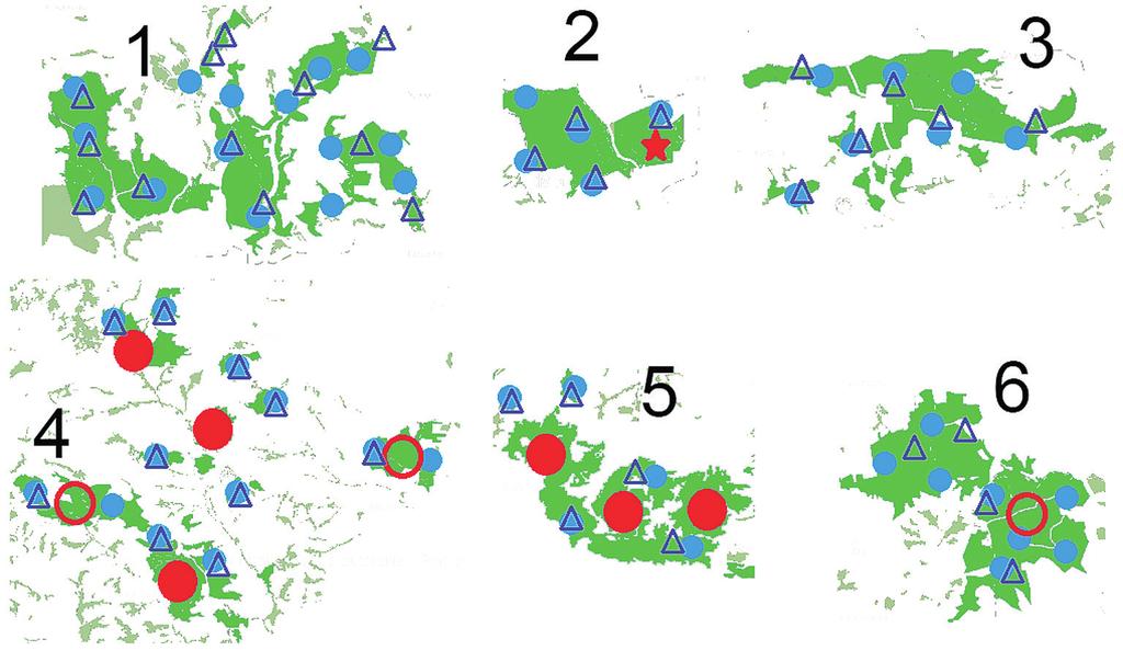 Rys. 2. Zmiany występowania puszczyków zwyczajnych i puszczyków uralskich w sześciu obszarach: 1 lasy w Dolinkach Krakowskich (dane z lat 2007 2008, Turzański 2009), 2 las Rudno (dane z roku 2006, P.