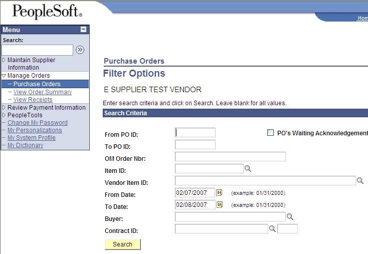 Pojawi się strona Opcje Filtrowania Zamówień (Purchase Orders Filter Options), która pozwoli wyszukać i przejrzeć zamówienia 3M.