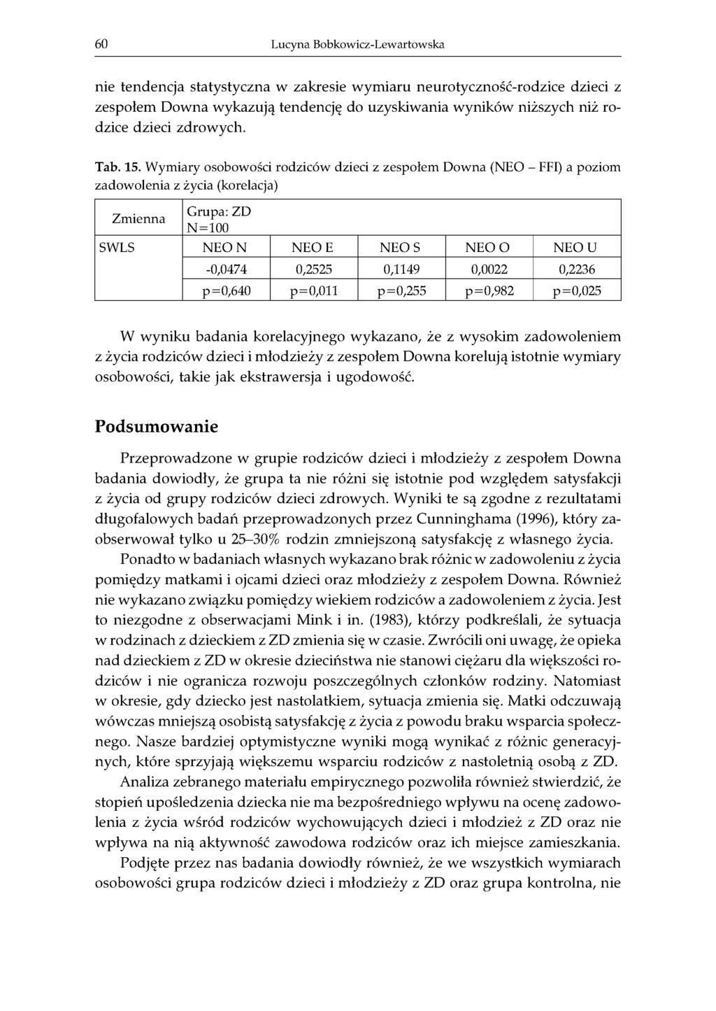 60 Lucyna Bobkowicz-Lewartowska nie tendencja statystyczna w zakresie wymiaru neurotyczność-rodzice dzieci z zespołem Downa wykazują tendencję do uzyskiwania wyników niższych niż rodzice dzieci