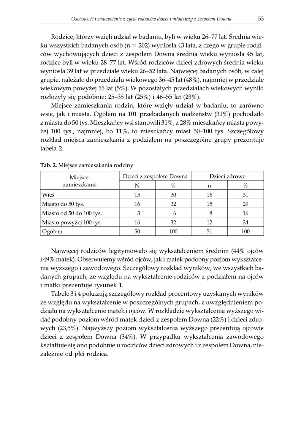 Osobowość i zadowolenie z życia rodziców dzieci i młodzieży z zespołem Downa 53 Rodzice, którzy wzięli udział w badaniu, byli w wieku 26-77 lat.