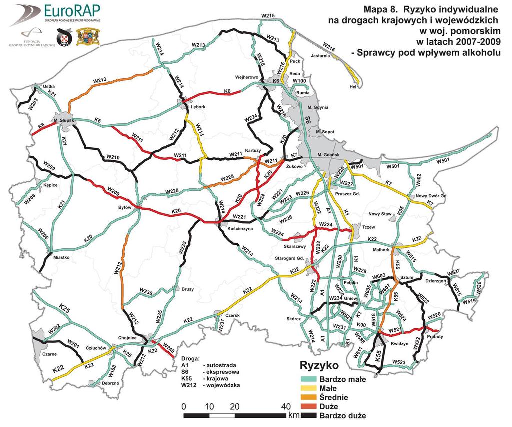 8.0 - RYZYKO INDYWIDUALNE NA DROGACH KRAJOWYCH I WOJEWÓDZKICH W WOJ. POMORSKIM W W latach 2007-2009 na drogach krajowych i wojewódzkich w woj.