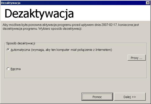 Aktywacja Jeżeli aktywacja programu była przeprowadzana ręcznie, to podczas procesu deinstalacji program wyświetla okienko dezaktywacji: Tutaj należy wybrać odpowiedni sposób dezaktywacji: