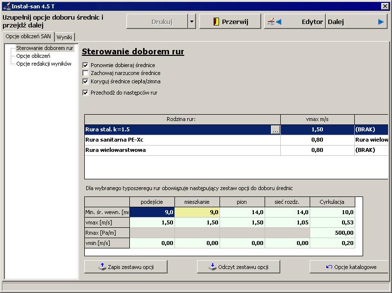 Lekcja 1 -Instal-san 4 T w różnych odcinkach instalacji, zadeklarować zestaw maksymalnych wartości prędkości dla poszczególnych umiejscowień działek instalacji, wybrać opcję uwzględnienia w