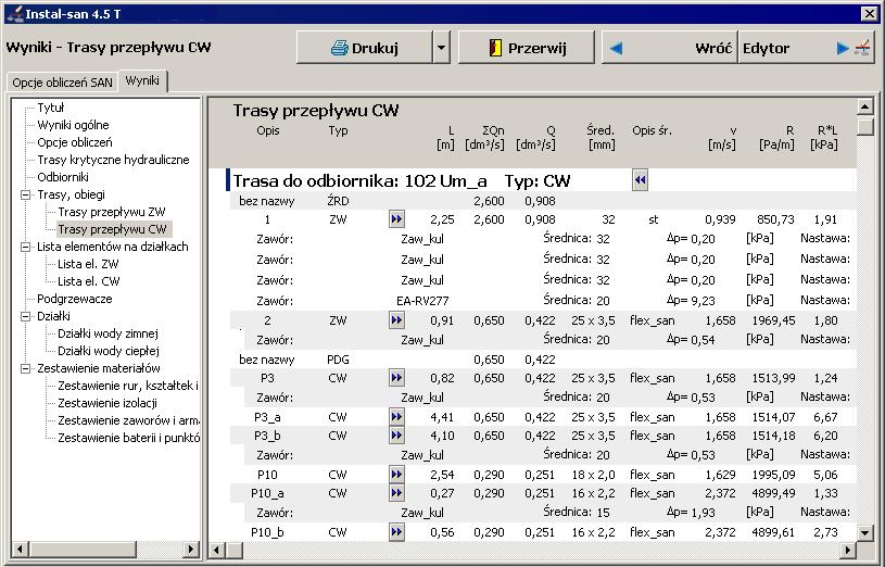 W oknie wyników są zebrane wyniki dla wszystkich tras przepływu ciepłej wody, począwszy od źródła.