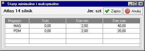 Zaopatrzenie 167 Rys. 5-1 Okno stanów minimalnych/maksymalnych dla towaru. Określone w tym oknie stany minimalne i maksymalne służą do szacowania zapotrzebowań na towar.