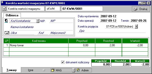 Gospodarka magazynowa 193 Rys. 6-11 Okno dokumentu Korekta wartości magazynu.