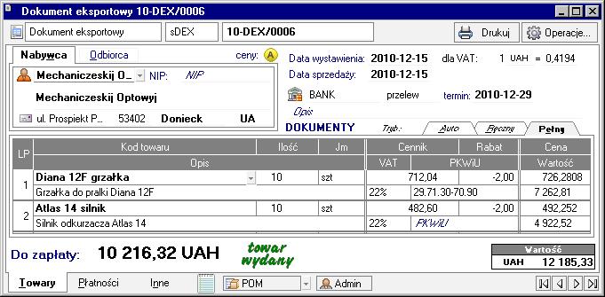 Sprzedaż 213 Rys. 7-11 Przykład dokumentu eksportowego.