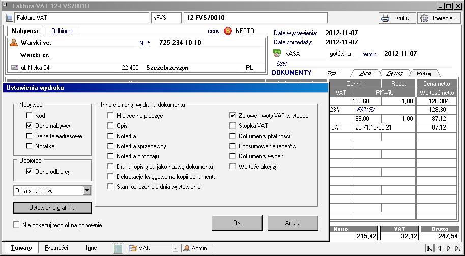 218 Podręcznik użytkownika Handel Domyślnie dokument prezentuje jedynie niezbędne (w świetle ustawy) dane podstawowe - dane sprzedawcy oraz numer NIP nabywcy i pozycje dokumentu z kwotami.