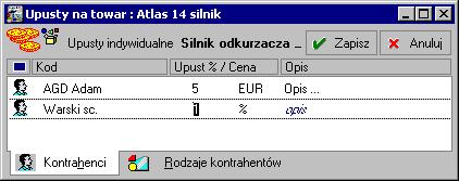 Symfonia Pro - Graficzna prezentacja danych 273 Operacje dostępne w oknie danych towaru Upusty Indywidualne Umożliwia definiowanie indywidualnych cen lub upustów dla konkretnego towaru bądź rodzaju