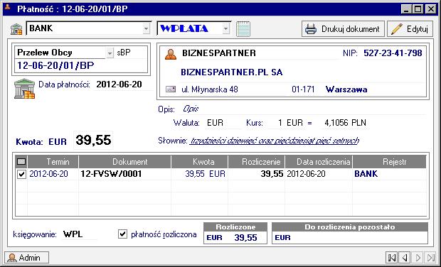 120 Podręcznik użytkownika Handel Charakter dokumentu Określenie, czy prezentowany dokument jest wpłatą, wypłatą, należnością czy zobowiązaniem. Typ dokumentu Rys. 3-33 Okno płatności.