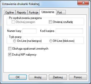 Administracja 91 Zakładki Nagłówek i Stopka Rys. 4-8 Zakładka Ustawienia. Zakładki te zawierają dodatkowe linie tekstu drukowane na początku (Nagłówek) lub na końcu (Stopka) paragonu.