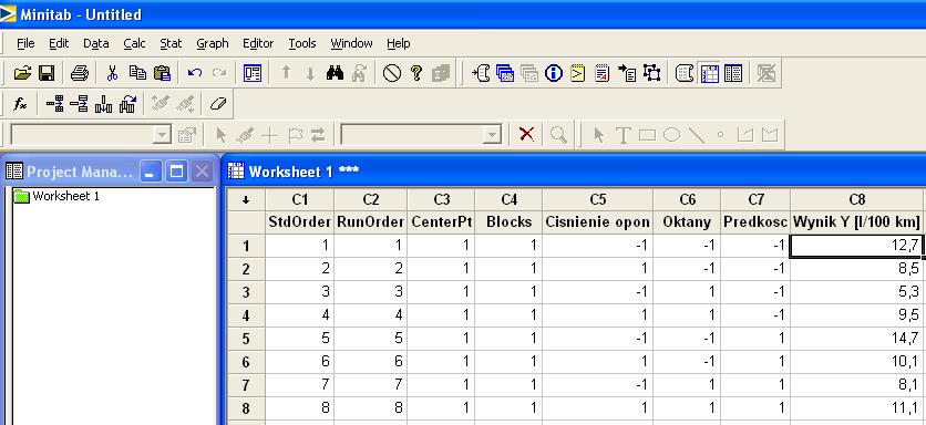 DOE w Minitab Worksheet Wyniki testu muszą być podane w osobnej