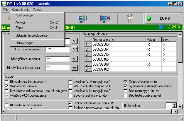 DT-1 SATEL 25 Hasła użytkownika i serwisowe w programie DT-1 są ustawione fabryczne (hasło użytkownika: 1234, hasło serwisowe: 12345).