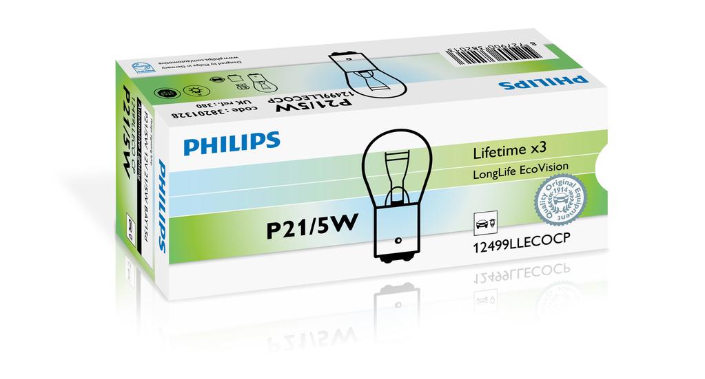 2017-11-03 PHILIPS 12V 21/5W BAY15d LongLife Ecovision Dwuświatłowa żarówka LongLife EcoVision marki Philips. Stosowana w światłach stop oraz pozycyjnych samochodów osobowych i dostawczych.