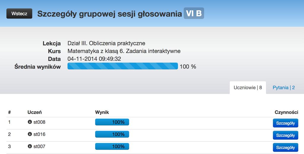 Aby zapoznać się z wynikami konkretnej sesji, przejdź do strony Głosowania i wybierz zakładkę Sesje,