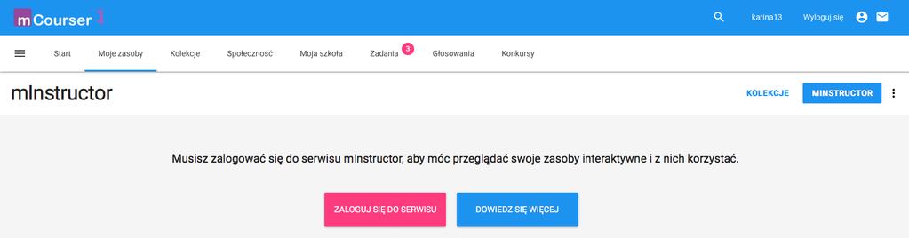 Przy pierwszym otwarciu zakładki należy najpierw wybrać przycisk Zaloguj się do serwisu minstructor, co pozwoli na połączenie Twojego