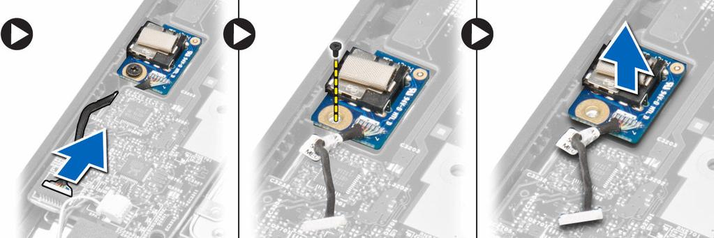 Instalowanie płyty gniazda audio 1. Włóż płytę gniazda audio we wnęce w komputerze. 2. Wkręć śrubę mocującą płytę gniazda audio do komputera. 3.