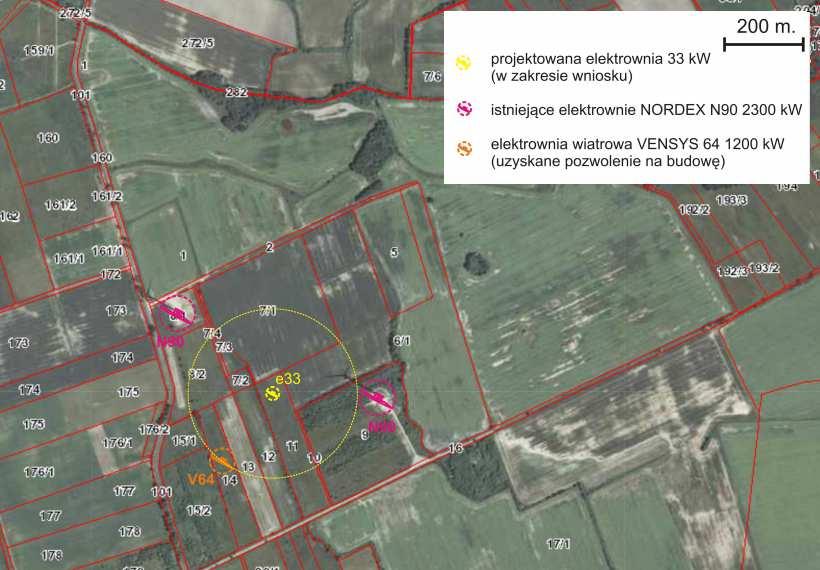 6.1. Analiza efektu skumulowanego Na obecnym etapie monitoringu w promieniu 2 km od projektowanej turbiny w Barzowicach pracują 2 elektrownie wiatrowe NORDEX N90 w odległości 210 m na E i 260 m na NW