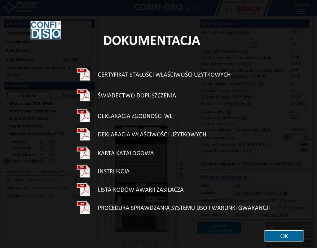 4. Funkcje dodatkowe. 4.1 Dokumentacja. Przycisk Dokumentacja otwiera dodatkowe okno w którym pojawia się wykaz dostępnej dokumentacji technicznej systemu DSO.