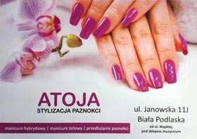 51 ATOJA studio stylizacji paznokci ul. Janowska 11J tel. 792-212-072 Pierwsza wizyta 40zł za manicure hybrydowy. Kolejne wizyty na manicure hybrydowy z rabatem 15%. Pn. Pt.:8.00 14.