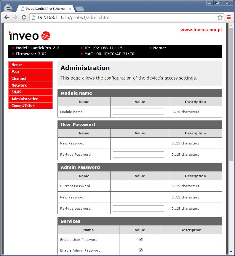 6.10 Zakładka ADMINISTRATION Menu Administration umożliwia skonfigurowanie przez użytkownika jakie usługi mają być aktywne w urządzeniu oraz zmianę haseł dostępu.