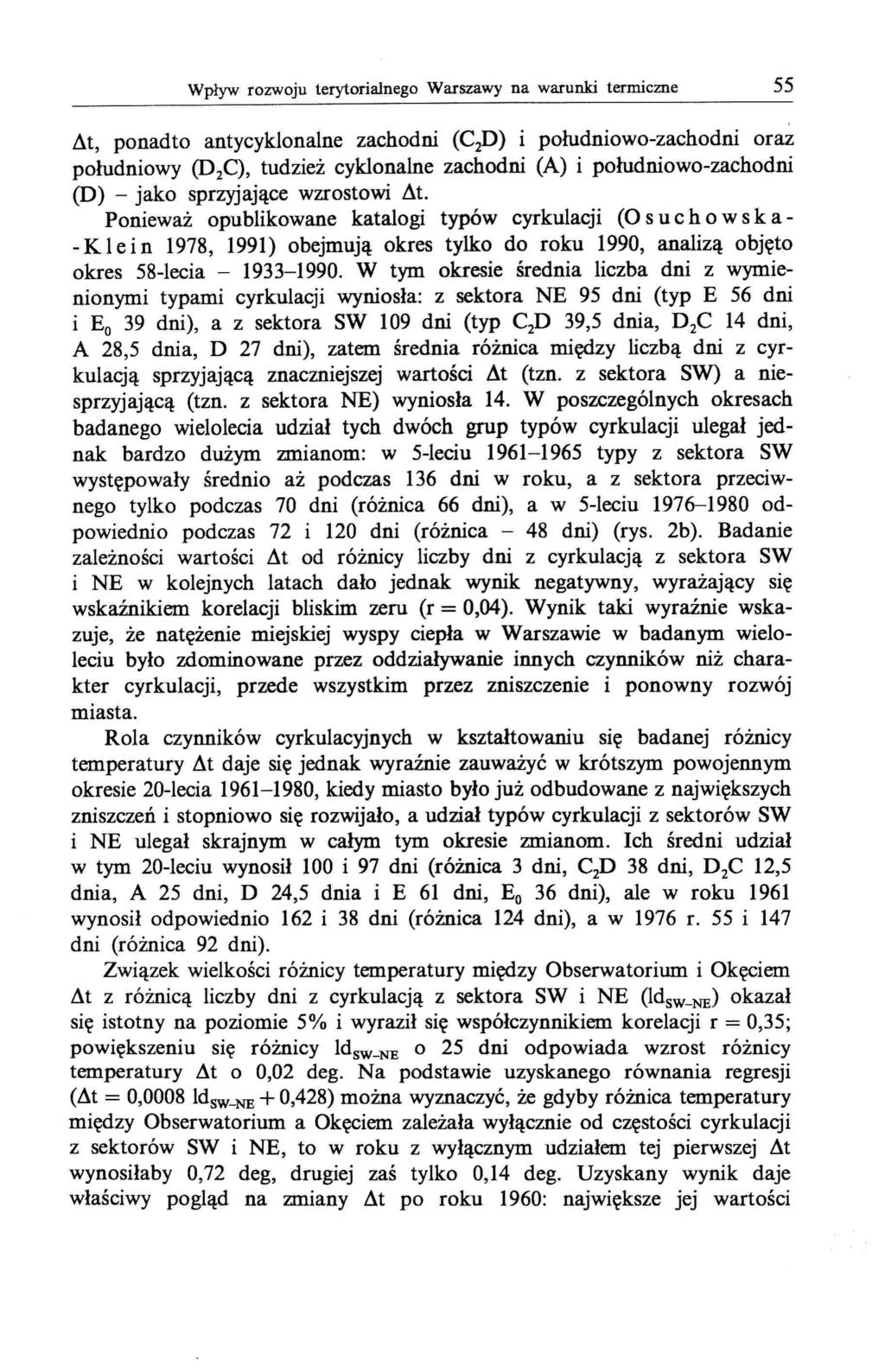 Wpływ rozwoju terytorialnego Warszawy na warunki termiczne 55 dt, ponadto antycyklonalne zachodni (CP) i południowo-zachodni oraz południowy (D2C)' tudzież cyklonalne zachodni (A) i