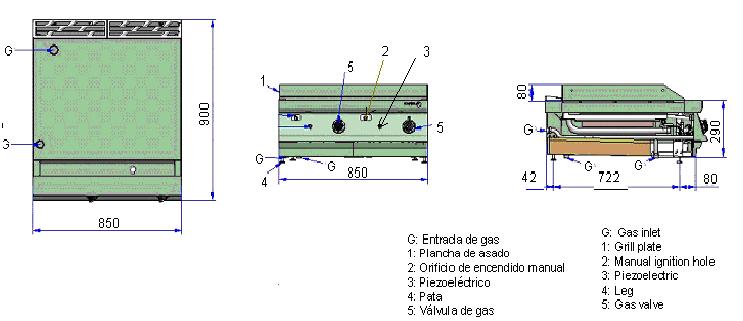 R, FTG/C9-10 L+R, FTG9-10V L, FTG9-10V R, FTG9-10V L+R 40 720 G- przyłącze gazu ¾ 1- płyta do smażenia 2-