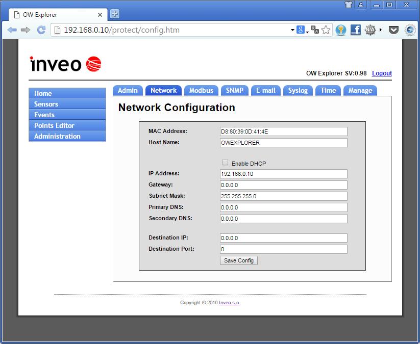 6.2 Konfiguracja sieci przez przeglądarkę www Konfiguracja sieci odbywa się w podstronie Network. Domyślny użytkownik i hasło to: admin/admin Strona www do konfiguracji sieci modułu.
