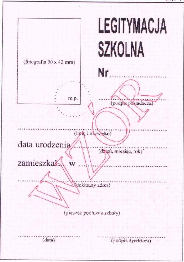 Wzór nr 15 do 20, 29 LEGITYMACJA SZKOLNA DLA