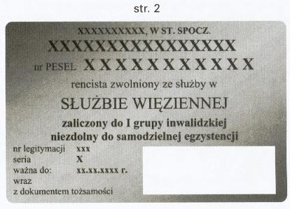 WIĘZIENNEJ", d) poniżej "LEGITYMACJA EMERYTA/RENCISTY POLICYJNEGO". str. 2 - czarne napisy wykonane różną czcionką: a) w górnej części miejsce na dokonanie wpisu stopnia służbowego "w st. spocz.