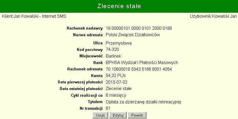 - usunięcie zlecenia stałego. Wymagana jest autoryzacja hasłem logowania użytkownika (tym, które użytkownik podaje przy logowaniu do aplikacji).