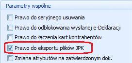 2 Konfiguracja ustawień związanych z JPK Aby móc wyeksportować dane, na karcie operatora w Konfiguracji Programu/ Użytkowe/ Operatorzy musi zostać zaznaczony parametr Prawo eksportu plików JPK: Tylko