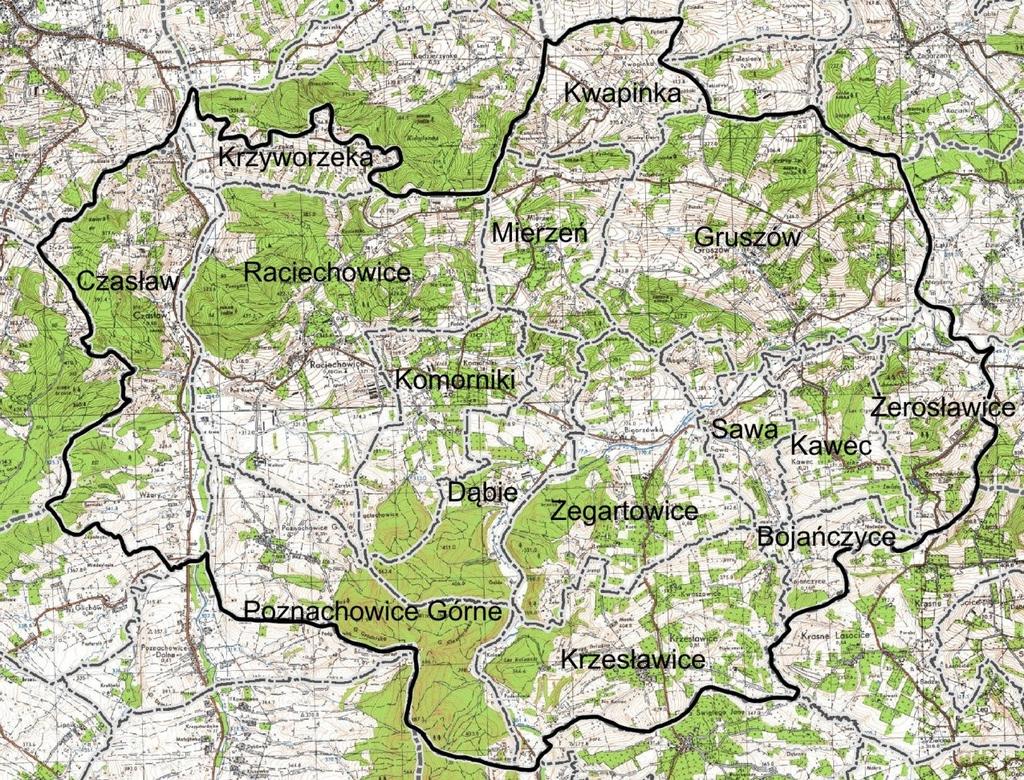 Rys. 3. Mapa poglądowa gminy Raciechowice z podziałem na miejscowości - oprac. własne, podkład mapowy: http://mapy.geoportal.gov.