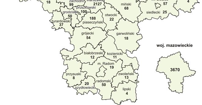 Ostrołęce (258,5 m 2 ) oraz w powiatach grodziskim (162,0 m 2 ), wyszkowskim (160,2 m 2 ), otwockim (159,6 m 2 ) i warszawskim zachodnim (159,4 m 2 ). Najmniejsze powstały w m.st. Warszawie (50,8 m 2 ), m.