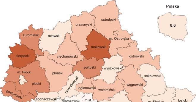 Stopa bezrobocia rejestrowanego w końcu stycznia br. wyniosła 7,4% i była niższa niż w kraju (średnia 8,6%). W skali roku obniżyła się o 1,2 p. proc.