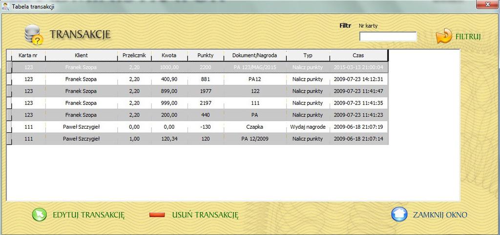 transakcje po nr karty, edytować zapisaną