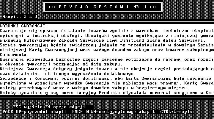 strona 4/13 Następnie można przejść do edycji treści karty gwarancyjnej. Przy pomocy KURSORA ( ) należy wybrać zestaw, który ma być edytowany i zatwierdzić go klawiszem ENTER.