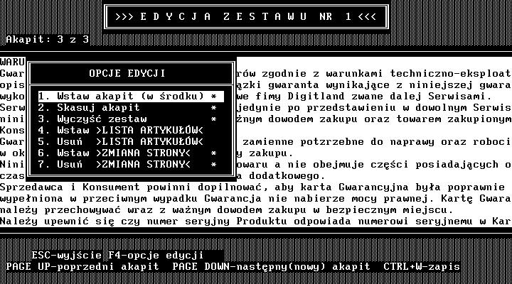 Przy pomocy klawiszy CTRL+W dokonuje zapisu. Klawiszami PAGE UP i PAGE DOWN przemieszcza się pomiędzy akapitami, które na wydruk oddzielone są (***).