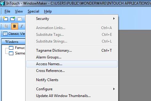 4 Konfiguracja klienta Wonderware InTouch 4.1 Definiowanie Access Names 1. W środowisku Wonderware InTouch należy wywołać okno konfiguracyjne Access Names 2.