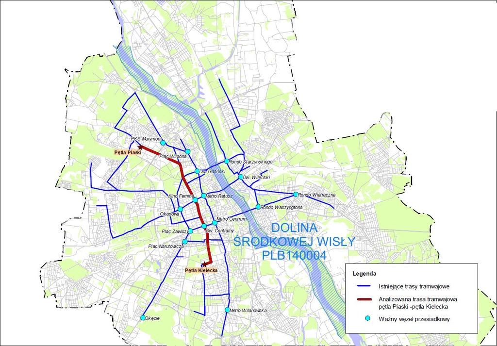 POLSKA Warszawa Rys. 1. Usytuowanie trasy tramwajowej W-Z na tle Warszawy oraz obszaru Natura 2000. 1.1.3 