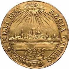 W otoku: REGIA CIVITAS GEDANENS FIERI FEC śr. 35,0 mm; w. 9,84 g Au stan 3- Moneta należy do grupy donatyw wybijanych około 1666 roku, pod zarządem Daniela Lesse.