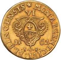W otoku: MON ARGENT CIVI ELBINGENSIS śr. 23,0 mm; w. 5,23 g Au stan 2- Kilka lat po uruchomieniu mennicy w Gdańsku, w 1760 roku, Rada Miasta Elbląga uzyskała zgodę na wybijanie monety miejskiej.