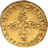 25-26 mm; w. 3,34 g Au stan 3+ Henryk Walezy umieszczał na swych francuskich monetach tytulaturę króla Polski.