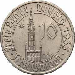 Wolne Miasto Gdańsk / Danzig 378. 10 guldenów 1935, Ratusz śr. 34,0 mm; w.