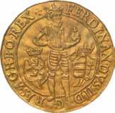 W otoku: ARCHIDVX AVS DVX BVRG MAR MOR 1634 Ferdynand II (1592-1637), mennica Praha, mincerz Tobias Schuster (1631-1637). Duża, bardzo rzadka, złota moneta w amerykańskim gradingu PCGS.