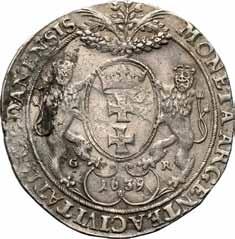 Władysław lv Waza Król Polski 1632-1648 87. Talar 1639, Gdańsk Aw.: Popiersie króla w prawo, w koronie i zbroi, z wyłożonym koronkowym kołnierzem. Całość w obwódce sznurowej.