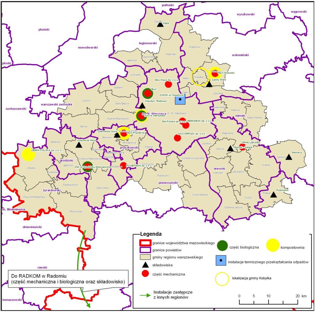 Rycina 1. Lokalizacja Miasta Kobyłka w regionie warszawskim gospodarki odpadami komunalnymi województwa mazowieckiego.