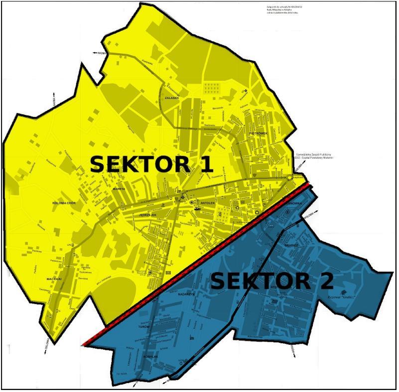 Rycina 2. Podział Miasta Kobyłka na sektory w celu zorganizowania odbioru odpadów. Źródło: Uchwała nr XXI/204/12 Rady Miejskiej w Kobyłce z dnia 4 października 2012 r.