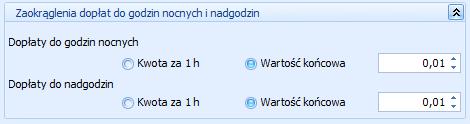 Procent dopłat 50 możliwość określenia procentu dopłat za nadgodziny standardowo naliczanych jako 50%, Procent dopłat 100 możliwość określenia procentu dopłat za nadgodziny standardowo naliczanych