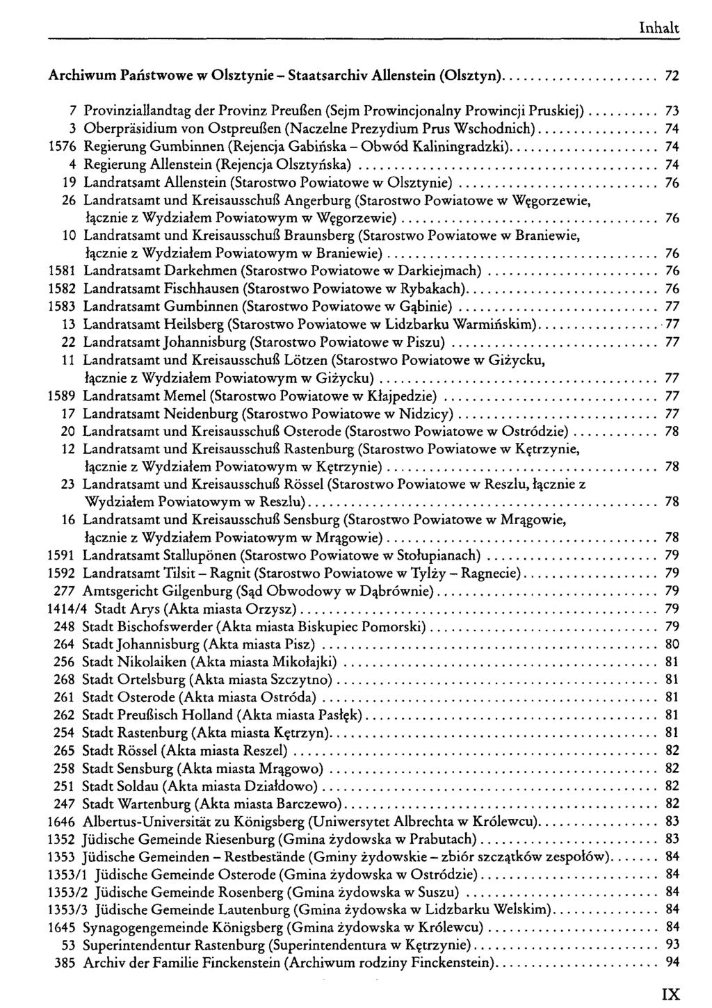 Archiwum Panstwowe w Olsztynie - Staatsarchiv Alienstein (Olsztyn) 72 7 Provinziallandtag der Provinz Preußen (Sejm Prowincjonalny Prowincji Pruskiej) 73 3 Oberpräsidium von Ostpreußen (Naczelne